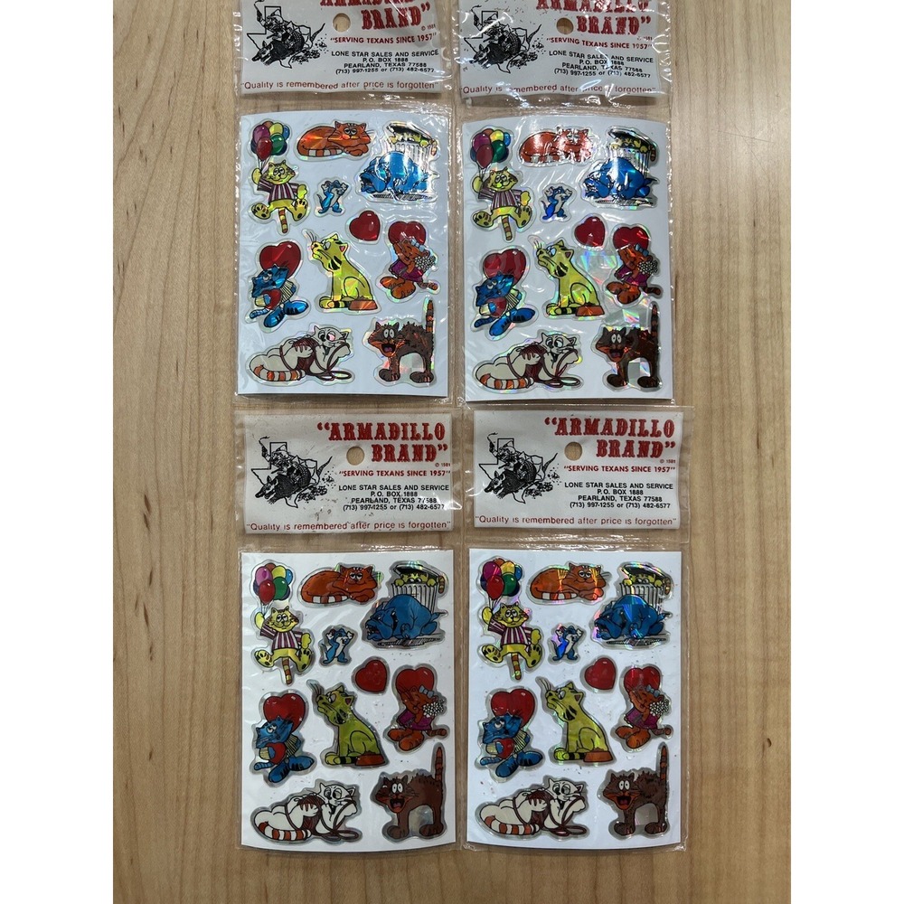 Vtg Sticker Lot Of 4 Cat Prism Stickers Balloon Heart Yarn Bulldog Kitten